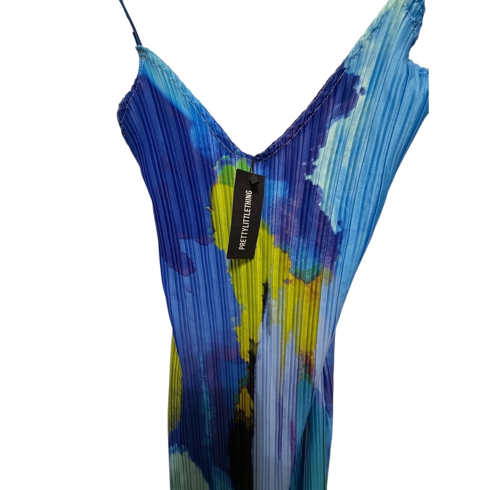 PrettyLittleThing Pleated Maxi Dress Abstract Print‎ Blue Yellow V Neck - Picture 2 of 4